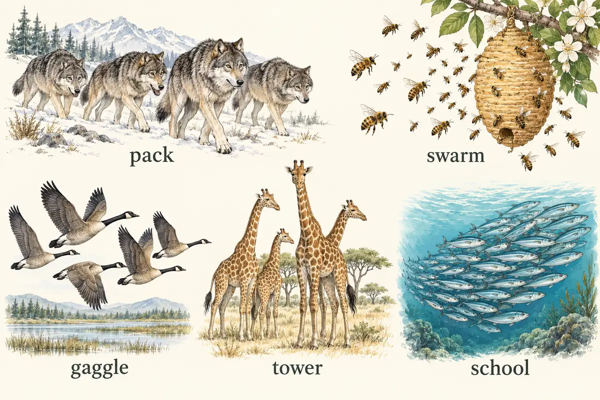 Comparison graphic showing a pack of wolves, a swarm of bees, a gaggle of geese, a tower of giraffes, and a school of fish