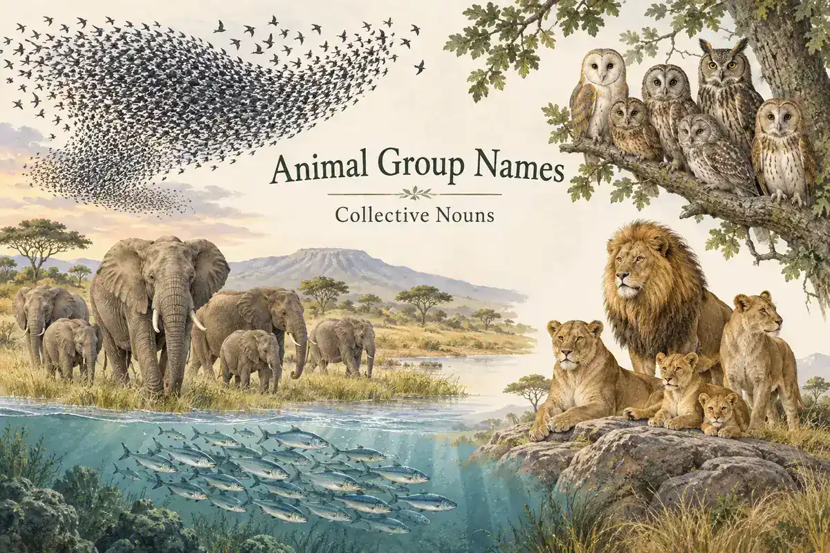 Editorial illustration showing a murmuration of birds, a parliament of owls, a herd of elephants, a pride of lions, and a school of fish